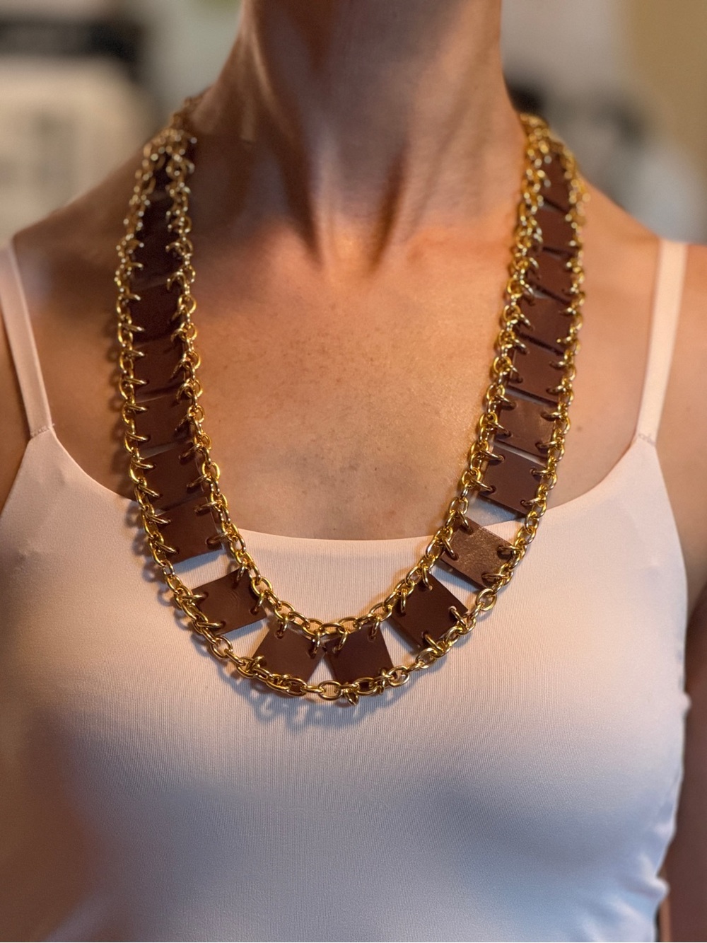 Hand crafted Sagoking Gold-Tone Chain & Brown Leather Necklace